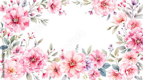 Graceful botanical border with blooming flowers and a romantic pastel color palette