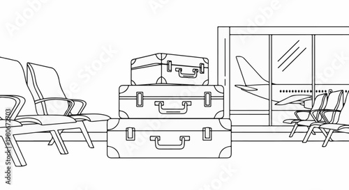Waiting area with stacked luggage, seats, and airplane visible through windows