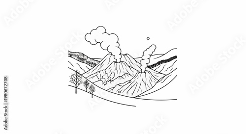 Volcanic landscape with erupting peaks and billowing smoke plumes