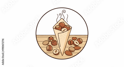 Warm roasted nuts in a paper cone with scattered nuts on a wooden surface