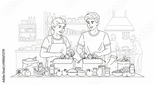 Volunteers packing food donations in a kitchen setting