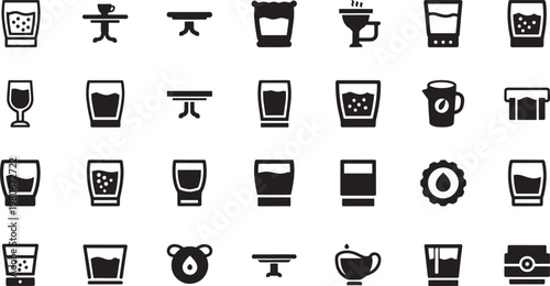 Collection of black and white representing drinks and tables glass coffee cup pitcher