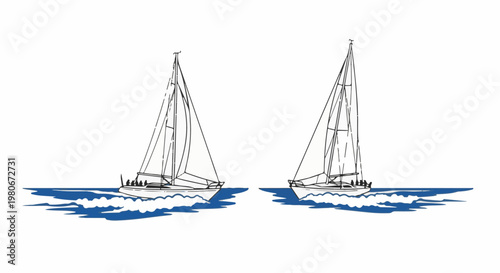 Two sailboats with people on deck glide through blue, wavy water