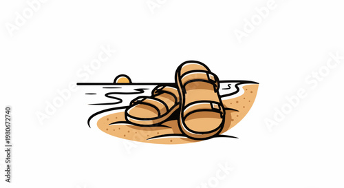 Two sandals rest on a sandy beach with a minimal sunset over calm water