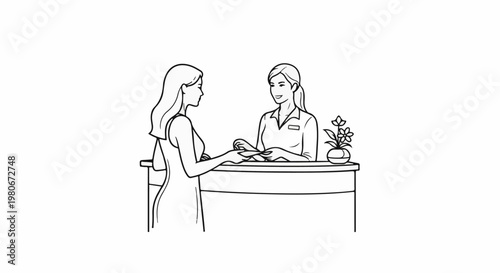 Two women interacting at a reception desk with a potted plant