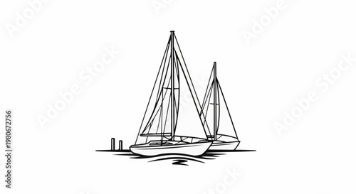 Two sailboats with sails up, anchored at sea