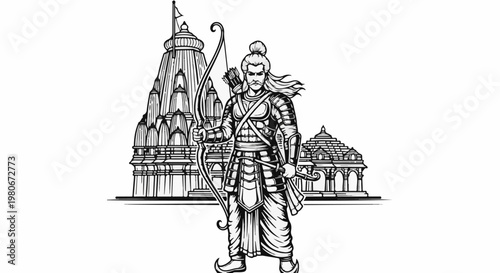 Warrior with bow, arrows, sword, and temples