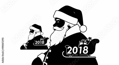 Two silhouettes of Santa Claus, one smaller than the other, with sleighs of gifts