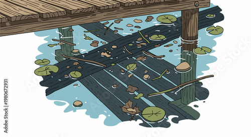 Weathered wooden dock over calm water with lily pads