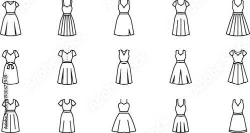 Collection of black outline dresses with varied necklines and skirt styles fashion clothing apparel garment
