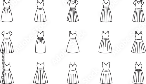 Collection of black outline dresses with varied necklines and pleated skirts fashion clothing style