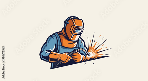 Welder in protective gear performing welding, sparks fly from the torch