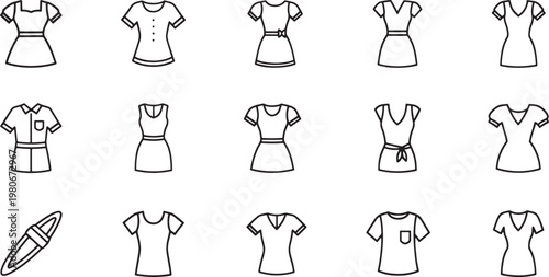 Collection of black line representing various women's clothing fashion dress t-shirt outline