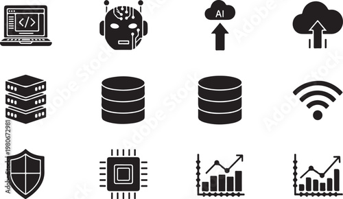 Vector Icon Set for Artificial Intelligence, Cloud Computing, and Data Technology