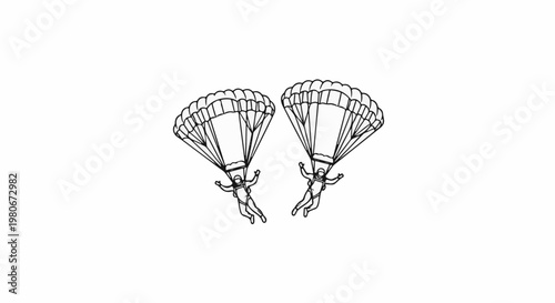Two skydivers descend with parachutes open against a white background
