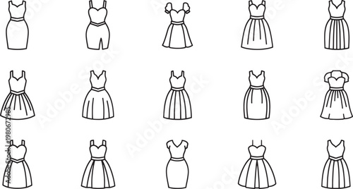 Collection of black outline fashion dresses and a romper on white background clothing style