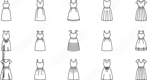 Collection of black outline fashion dresses on white background clothing apparel 1 style