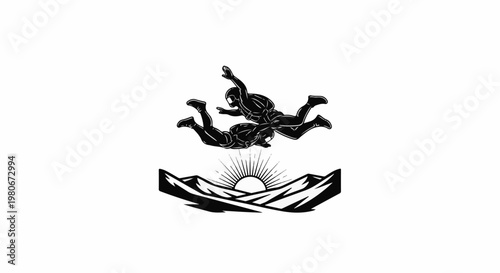 Two skydivers freefall above a stylized mountain range with a sunburst