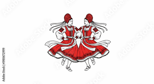 Two women in traditional red dresses dance facing each other