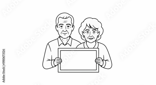 Two smiling elderly people are holding a blank sign together