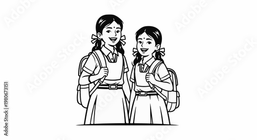 Two smiling schoolgirls in uniform with backpacks, ready for learning
