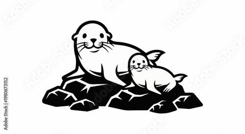 Two smiling seals, parent and child, sit on black rocks