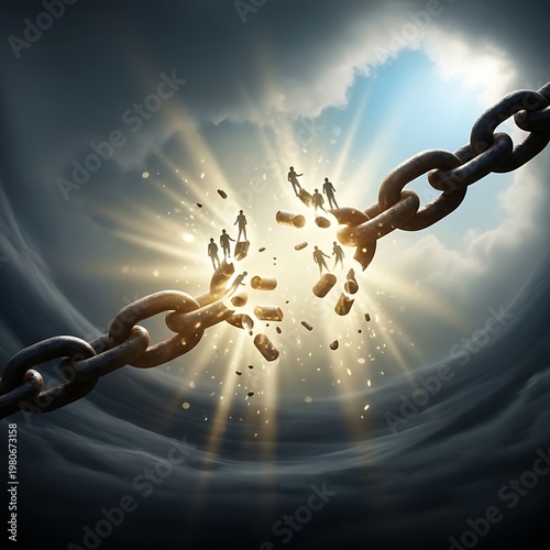 Conceptual image of a broken chain breaking free from oppression.