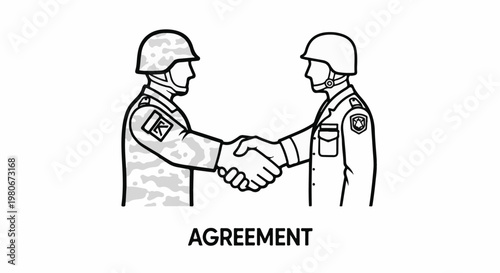 Two soldiers in uniform shaking hands on a white background