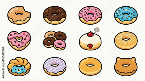 A delightful collection of twelve cartoon-style donuts, showcasing a variety of flavors and decorative toppings.
