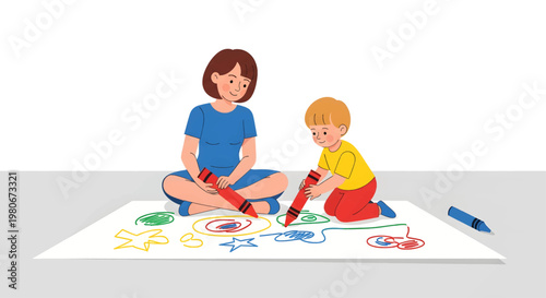 A heartwarming scene of a mother and her young child sitting together on the floor and drawing with crayons on a large sheet of paper