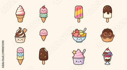 A delightful collection of cute, kawaii-style ice cream illustrations, featuring cones, cups, popsicles, and sundaes in various flavors and colors.