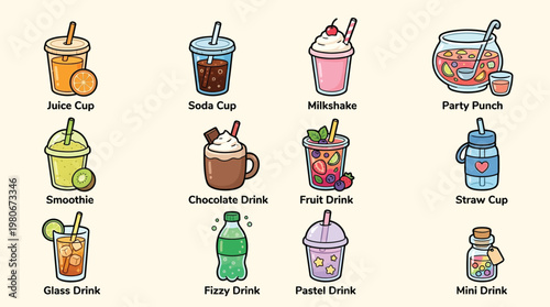 A collection of twelve colorful cartoon illustrations of various beverages, including juice, soda, milkshakes, and fruit drinks.
