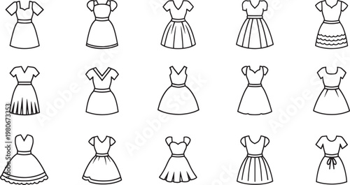 Collection of fifteen diverse black line dresses on white background fashion clothing apparel