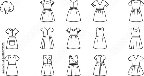 Collection of simple line dresses and a cotton boll clothing fashion apparel garment