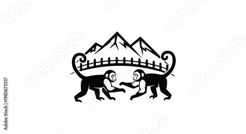 Two black monkeys facing each other with mountains and a fence behind