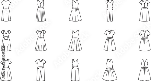 Collection of simple line of women's dresses and jumpsuits clothing fashion outline apparel