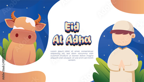 Eid Al Adha Celebration with Cow and Muslim Boy Illustration