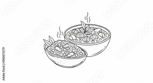 Two bowls of steaming food, one filled with rice and vegetables, the other with stew