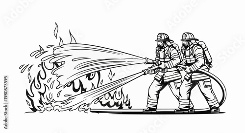 Two firefighters battling a large fire with water