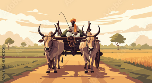 Traditional Indian Farmer Driving Bullock Cart
