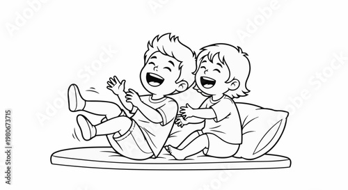 Two cartoon children joyfully laughing and playing on a soft surface