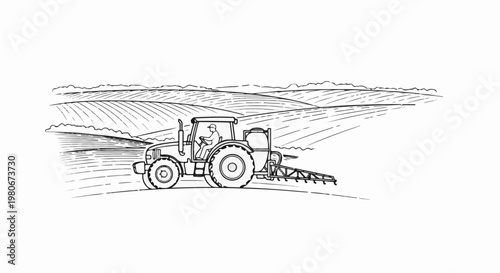 Tractor spraying crops in a field under a hilly landscape with rowed crops