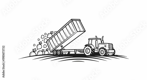Tractor unloading root vegetables from a trailer in a field