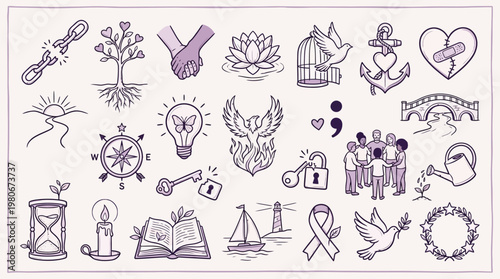 A collection of icons  hope, resilience, connection, and personal growth, featuring symbols like a broken chain, a tree of life, clasped hands, a lotus flower, a phoenix, and a watering can.