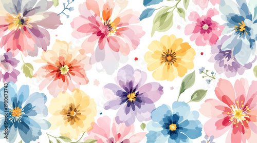 Seamless floral watercolor composition brings together bright blooms and soft textures creating joyful artistic design today