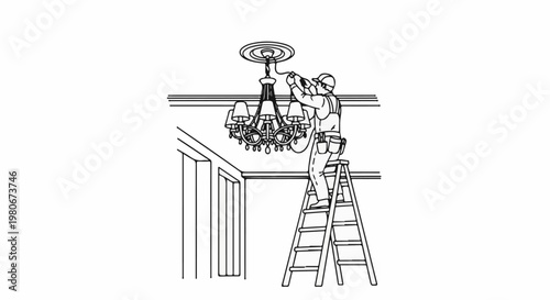 Tradesperson on ladder installing decorative ceiling light fixture