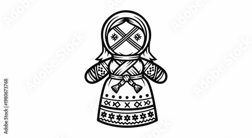 Traditional cloth doll illustration with intricate folk patterns and braided details