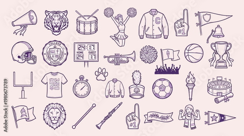 A collection of hand-drawn purple icons representing various aspects of school spirit and sports, including mascots, equipment, and cheering paraphernalia.