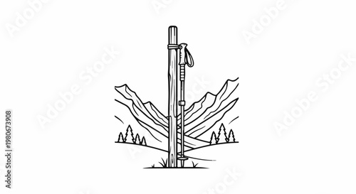 Trekking pole planted in snowy ground amidst mountains and pine trees