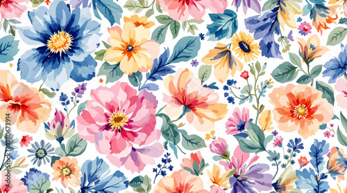 Artistic floral watercolor design features delicate blossoms scattered across seamless background with soft color harmony today